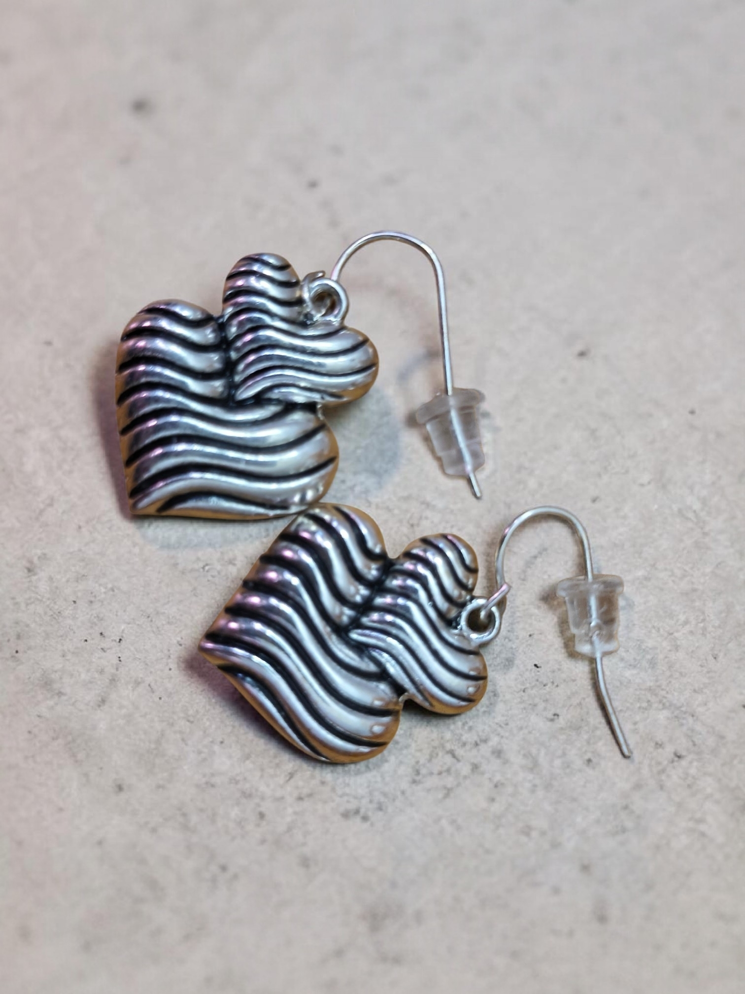 Silver Tone Wave Heart Drop Earrings Textured Heart Dangle Earrings